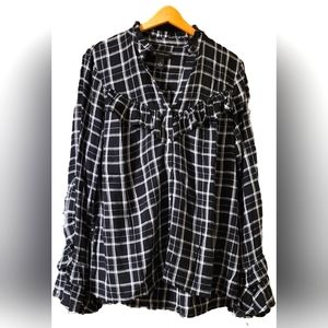 INC Black Plaid V-Neck Long Ruffle Sleeves Blouse - Medium - EUC
